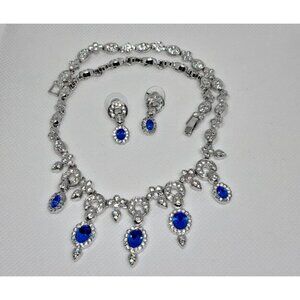 Tara Vanessa Rhodium Blue & Clear Flower Leaf Set Necklace Earrings Set New